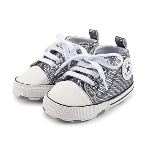 SIFANGPING Lauflernschuhe Baby rutschfeste und atmungsaktive 0-18M Canvas-Schuhe mit weicher Sohle für Jungen und Mädchen EU 17 Schwarz Silber von SIFANGPING