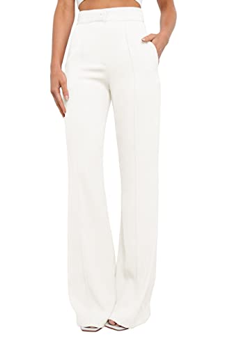 SIFLIF Damen Causal Hohe Taille Weite Bein Hosen Bootcut Kleid Hose für Frauen Arbeitshose mit Taschen für Frauen Büro, Weiss/opulenter Garten, 32 von SIFLIF