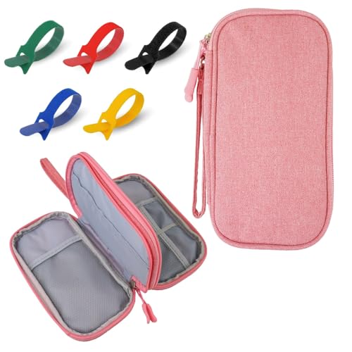 SIGMAWISE® Kabeltasche 19 x 11 cm + 10 Klett-Kabelbinder, Reisekabel-Organizer, Tasche für Ladegeräte, USB und elektronisches Zubehör, kompakte und vielseitige Tasche (Rosa) von SIGMAWISE
