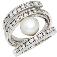 SIGO Damen Ring breit 925 Silber rhodiniert 1 Süßwasser Perle 31 Zirkonia Perlenring von SIGO