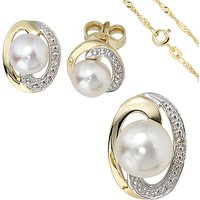 SIGO Schmuck-Set 585 Gelbgold bicolor 3 Perlen 4 Diamanten Ohrringe und Kette 42 cm von SIGO