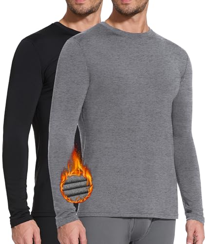 SIHOHAN Thermounterwäsche Herren Winter Innenfleece Thermowäsche Rundhals Langarm Thermohemd Warm Atmungsaktiv Thermo Oberteil Warm Unterwäsche Thermounterhemd für Männer (Schwarz +Dunkelgrau,XXL) von SIHOHAN