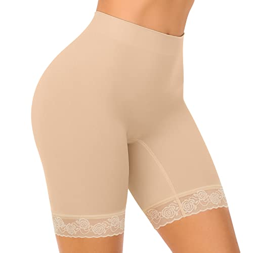 SIHOHAN Radlerhose Damen kurz mit Spitze, Lange Unterhose Damen Boxershorts, Kurze Leggings Hose unter Kleid Unterziehhose(Beige,L) von SIHOHAN