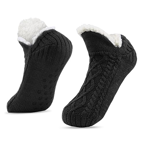 SIHOHAN Kuschelsocken Herren, Dicke Kurze Pantoffelsocken Rutschfeste, Flauschige Winter Stricksocken Stoppersocken mit ABS Anti Noppen Warme Bettsocken 43-46 (Schwarz) von SIHOHAN