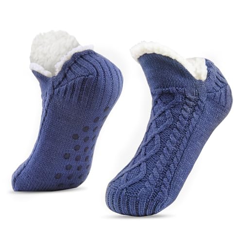 SIHOHAN Kuschelsocken Herren, Dicke Kurze Pantoffelsocken Rutschfeste, Flauschige Winter Stricksocken Stoppersocken mit ABS Anti Noppen Warme Bettsocken 43-46 (Marineblau) von SIHOHAN