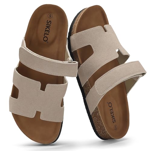 SIKELO Damen Kork-Fußbett Slide Sandalen mit Fußgewölbeunterstützung Komfort Flache Sandale für Frauen mit verstellbaren Riemen Slip On Sommer Outdoor Hausschuhe, Beige, 38.5 EU von SIKELO