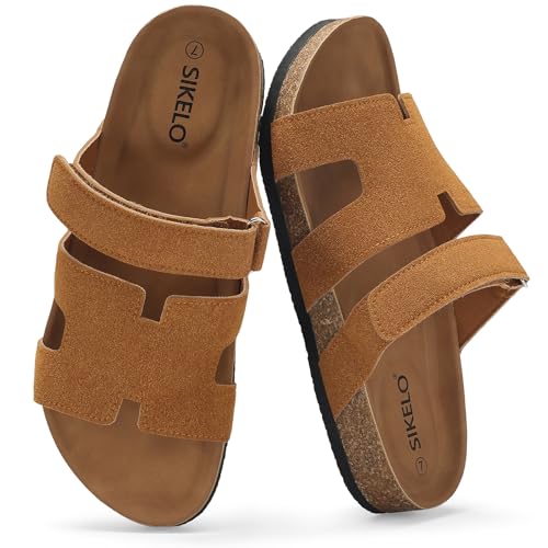 SIKELO Damen Kork-Fußbett Slide Sandalen mit Fußgewölbeunterstützung Komfort Flache Sandale für Frauen mit verstellbaren Riemen Slip On Sommer Outdoor Hausschuhe, Braun, 39 EU von SIKELO