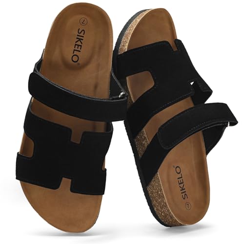 SIKELO Damen Kork-Fußbett Slide Sandalen mit Fußgewölbeunterstützung Komfort Flache Sandale für Frauen mit verstellbaren Riemen Slip On Sommer Outdoor Hausschuhe, Schwarz, 41 EU von SIKELO