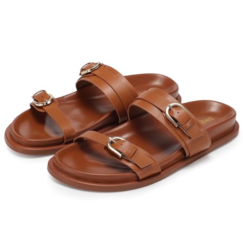 SIKELO Flache Damen-Sandalen, bequem, breite Breite, offene Zehen, Slides mit verstellbarer Doppelschnalle, Sommerschuhe, Strandschuhe, Braun, 38.5 EU von SIKELO