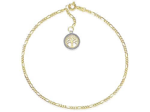 Fußkette Figaro Breite 2mm mit kleinem Anhänger Lebensbaum | aus echt 585 Gold | hochglanzpolierte Fußkette | Echtgold mit Federringverschluß von Silberketten Store