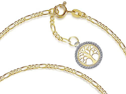 Fußkette Figaro Breite 2mm mit kleinem Anhänger Lebensbaum | aus echt 585 Gold | hochglanzpolierte Fußkette | Echtgold mit Federringverschluß von Silberketten Store