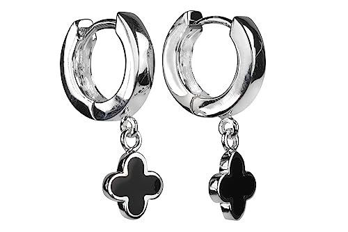 SILBERMOOS Damen Creolen Klappcreolen Kleeblatt mit Onyx Blüte Rosette, 925 Sterling Silber Ohrringe von SILBERMOOS