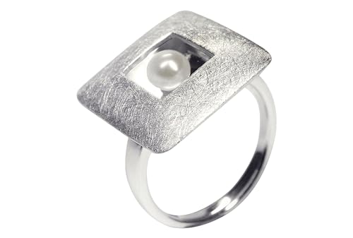 SILBERMOOS Damen Ring Damenring Platte quadratisch mit Perle gebürstet Sterling Silber 925, Größe:58 von SILBERMOOS