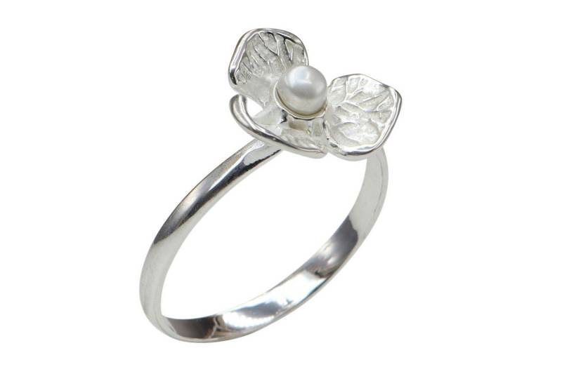 SILBERMOOS Perlenring Schmaler Ring "Blüte mit Perle", 925 Sterling Silber von SILBERMOOS