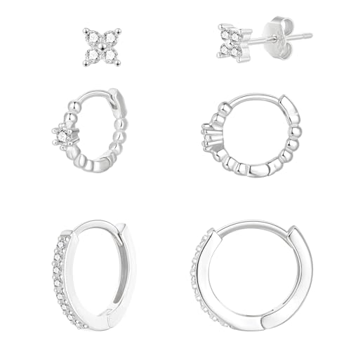 SILBERTALE 3 Paare Ohrringe Set Silber 925 Mini Creolen mit Kugeln Klein Zirkonia Ohrstecker Mädchen Damen von SILBERTALE