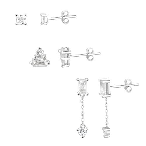 SILBERTALE 3 Paare Ohrringe Set Silber 925 Klein Zirkonia Ohrstecker Mit Anhänger Ohrringe Mädchen Damen von SILBERTALE