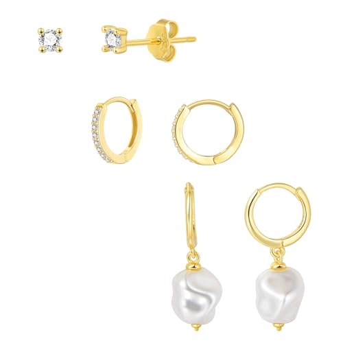 SILBERTALE 3 Paare Ohrringe Set Silber 925 Klein Zirkonia Ohrstecker Creolen Mit Anhänger Perlen Gold Ohrringe Mädchen Damen von SILBERTALE