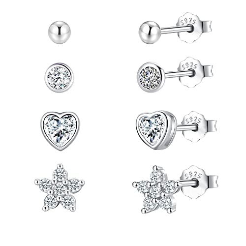 SILBERTALE 4 Paare 925 Sterling Silber Ohrstecker für Frauen winzige Blume Runde CZ Kugel Herz Ohrringe Schläfer kleine Helix Knorpel kubischer Zirkon Ohrringe Set für mehrere Piercings von SILBERTALE