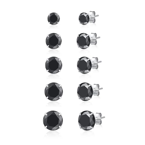 SILBERTALE 5 Paar 925 Sterling Silber Schwarz Cubic Zirkonia 3mm-8mm CZ Ohrstecker Männer Frauen von SILBERTALE