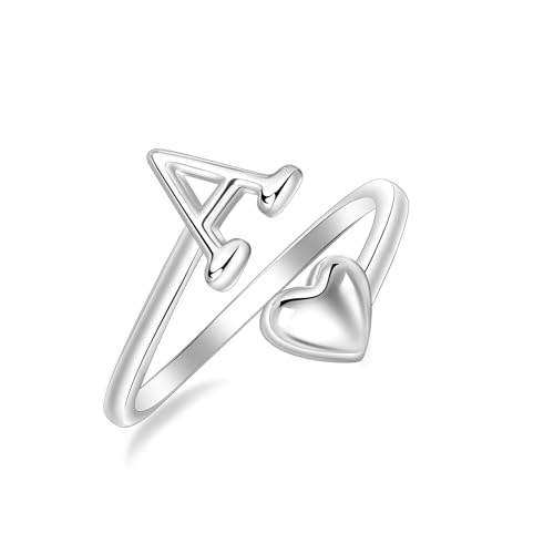 SILBERTALE 925 Sterling Silber Herz Ring mit Buchstaben Verstellbarer Größe 50 bis 58 Initiale A-Z Buchstabering individuellen Modeschmuck mit Geschenkbox von SILBERTALE