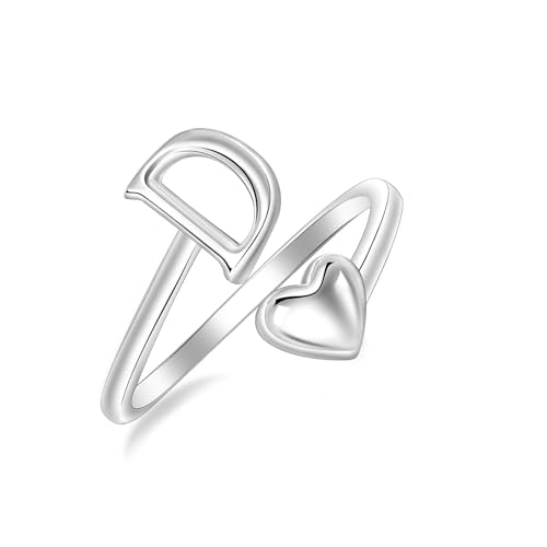 SILBERTALE 925 Sterling Silber Herz Ring mit Buchstaben Verstellbarer Größe 50 bis 58 Initiale A-Z Buchstabering individuellen Modeschmuck mit Geschenkbox von SILBERTALE