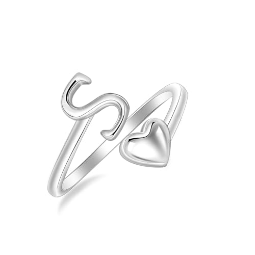 SILBERTALE 925 Sterling Silber Herz Ring mit Buchstaben Verstellbarer Größe 50 bis 58 Initiale A-Z Buchstabering individuellen Modeschmuck mit Geschenkbox von SILBERTALE