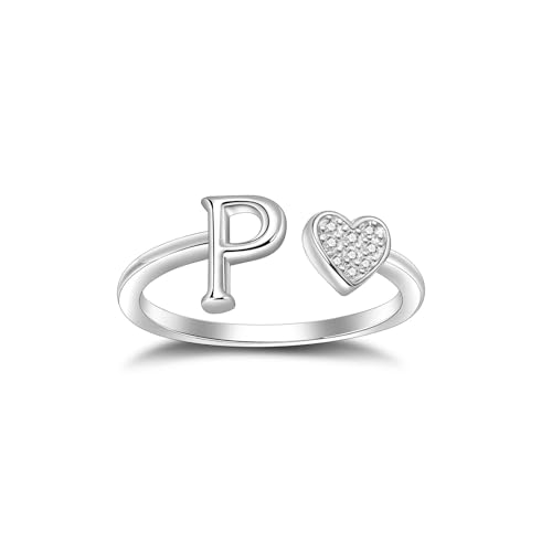 SILBERTALE 925 Sterling Silber Herz Ring mit Buchstaben Verstellbarer Größe 52 bis 58 Initiale A-Z Buchstabering individuellen Modeschmuck mit Geschenkbox von SILBERTALE