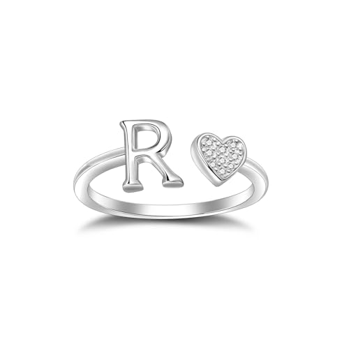 SILBERTALE 925 Sterling Silber Herz Ring mit Buchstaben Verstellbarer Größe 52 bis 58 Initiale A-Z Buchstabering individuellen Modeschmuck mit Geschenkbox von SILBERTALE