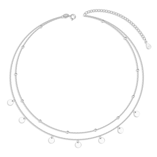SILBERTALE Choker Halsketten 925 Sterling Silber Kette mit Coin Plättchen Anhänger KugelKette Layered Verstellbare Ketten für Damen von SILBERTALE