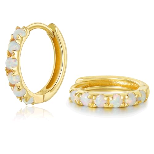 SILBERTALE Damen Opal Creolen Ohrringe Gold Silber 925 Mit Weiß Opal Kleinen Creolen Nickelfreie Ohrringe 6mm von SILBERTALE