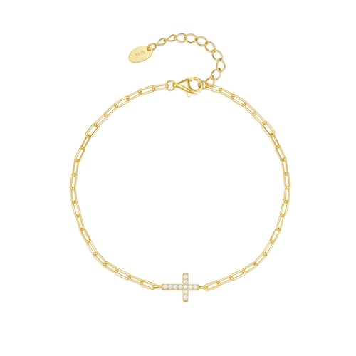 SILBERTALE 925 Sterling Silber Kreuz Armband Cubic Zirkonia Kreuz Charm Büroklammer Link Kette Armbänder Einstellbar Zierlich Schmuck für Frauen von SILBERTALE