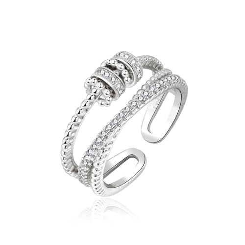 SILBERTALE 925 Sterling Silber Mehrschichtiger rotierender Zirkonia-Ring Fidget Spinner Anti Stress Ring mit Kugeln Größe 54 von SILBERTALE
