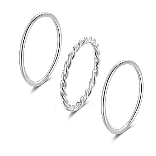 SILBERTALE Minimalistisch Dünner Damenring 1.2mm Schmaler Midi Knuckle Knöchelringe Stapelringe Stapelbarer Vorsteckringe Set - geflochtener gedrehter echt silberringe Größe 43-58 von SILBERTALE