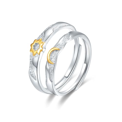 SILBERTALE Sterling Silber 925 Verstellbar Sonne und Mond Ring Set Sunflower Matching Rings Geschenk Freundschaftsringe für Beste Freund Größe 54-59mm von SILBERTALE