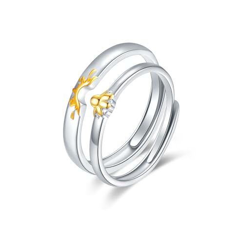 SILBERTALE Sterling Silber 925 Verstellbar Sonne und Mond Ring Set Sunflower Matching Rings Geschenk Freundschaftsringe für Beste Freund Größe 54-60mm von SILBERTALE