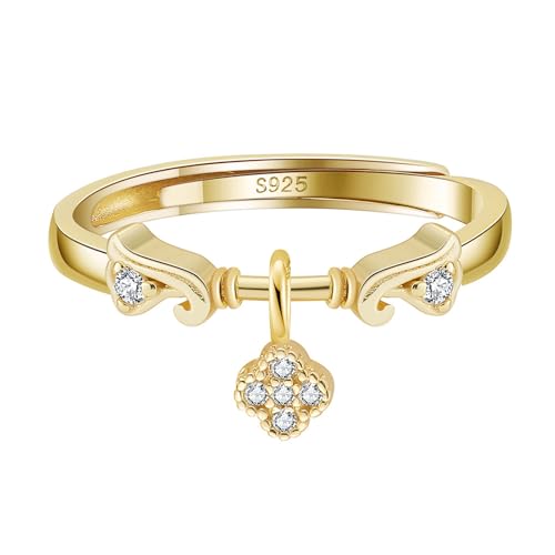 SILBERTALE Verstellbare Silberringe Damen 925 – Zirkonia Ring mit Charm Anhänger Schleife/Kleeblatt/Kreuz, Sterling Silber Ring in Gold & Silber von SILBERTALE