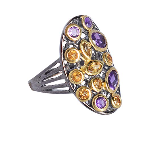 Amethyst & Citrin Edelstein Ring, 925 Sterling Silber Schwarz Rhodium, Designer, Antiker Ring 57 (18,1) von SILCASA