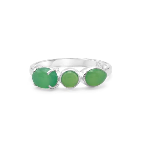 Chrysopras-Ring aus 925er Sterlingsilber, Cabochon, oval, rund, Birne, handgefertigt, Edelsteinband, leicht, natürlicher grüner Kristall, Schmuck für Damen, rhodiniert, SZ 58 (18,5), Q 1/2 von SILCASA