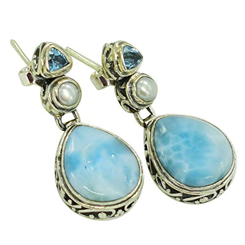 Larimar, Perle, Blautopas-Birnen-Heiledelstein, 925er Sterlingsilber, handgefertigter Schmuck, Push-Back-Tropfen-Ohrringe für Frauen, Mädchen, Geschenk von SILCASA