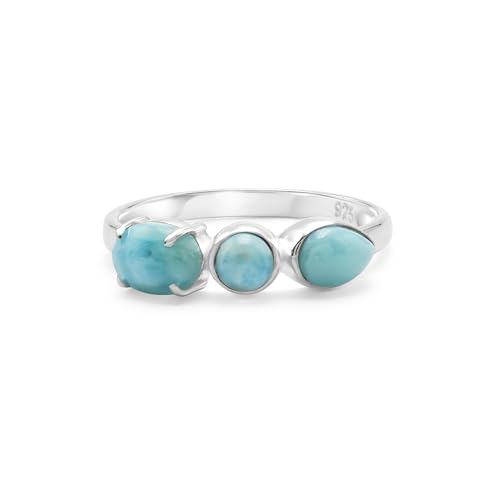 Larimar-Ring aus 925er Sterlingsilber, Cabochon, oval, rund, Birne, handgefertigt, Edelsteinband, leicht, natürlich, blau, karibischer Kristall, Schmuck für Damen, rhodiniert, SZ 58 (18,5), Q 1/2 von SILCASA