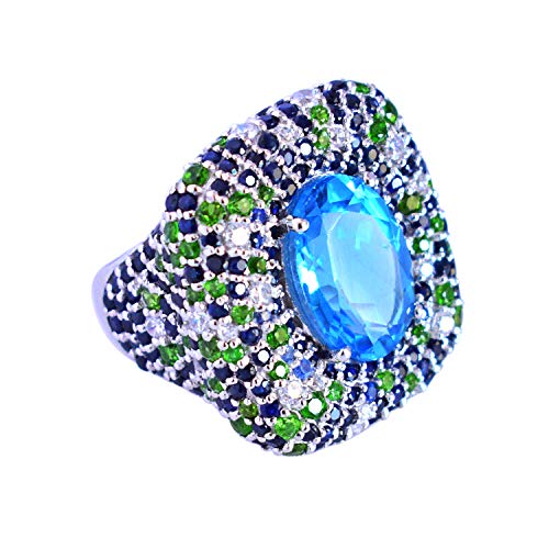 London Blue Topaz, Blue Sapphire, Chrome Diopside Natural Gemstone 925 Sterling Silver Cocktail Ring Fashion Jewelry 65 (20.7) von SILCASA