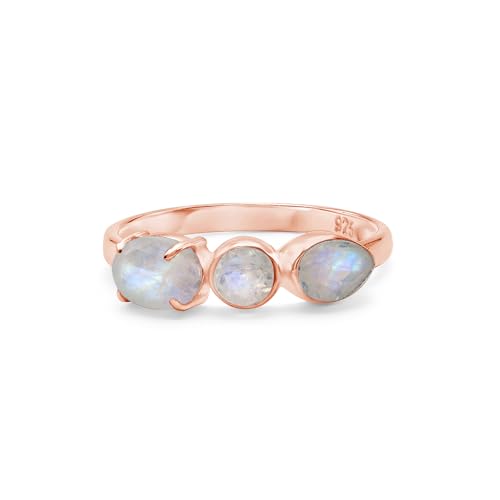 Mondstein-Ring aus 925er-Sterlingsilber, facettiert, oval, rund, Birne, handgefertigt, Edelsteinband, leichter natürlicher Kristallschmuck für Damen, rotvergoldet, SZ 65 (20,7), V 1/2 von SILCASA