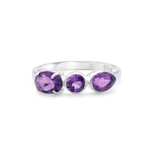 Ring aus 925er Sterlingsilber, Amethyst, facettiert, oval, rund, Birne, handgefertigt, Edelsteinband, leicht, natürlich, violett, Kristallschmuck für Damen, rhodiniert, SZ 65 (20,7), V 1/2 von SILCASA