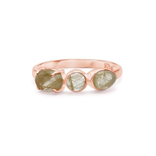 Ring aus 925er-Sterlingsilber, goldener Rutilring, handgefertigter Cabochon-Edelstein-Band, leichter natürlicher Kristallring, feiner Schmuck für Damen, Geschenk, rotvergoldet, SZ 58 (18,5), Q 1/2 von SILCASA
