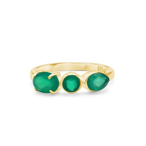 Ring aus 925er Sterlingsilber, grüner Onyx, facettiert, oval, rund, Birne, handgefertigt, Edelsteinband, leicht, natürlicher grüner Kristall, Schmuck für Damen, gelbvergoldet, SZ 58 (18,5), Q 1/2 von SILCASA