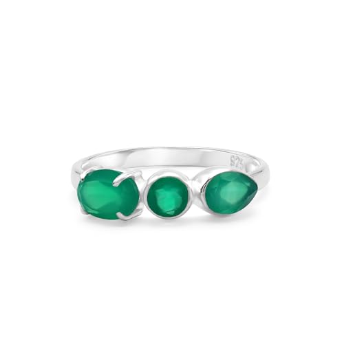 Ring aus 925er Sterlingsilber, grüner Onyx, facettiert, oval, rund, Birne, handgefertigt, Edelsteinband, leicht, natürlicher grüner Kristall, Schmuck für Damen, rhodiniert, SZ- 51 (16,2), K 1/2 von SILCASA