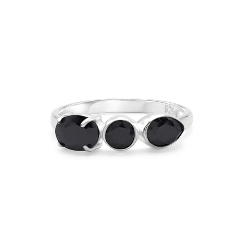 Ring aus 925er-Sterlingsilber, schwarzer Onyx, facettiert, oval, rund, Birne, handgefertigt, Edelsteinband, leicht, natürlich, dunkler Kristall, Schmuck für Damen, rhodiniert, SZ 65 (20,7), V 1/2 von SILCASA
