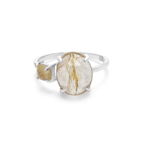 SILCASA 936 Silber Goldener Rutil-Solitärring, ovaler Edelstein mit quadratischen Akzenten, Damenschmuck, handgefertigtes Geschenk in Silber 10 von SILCASA