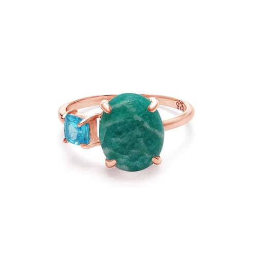 SILCASA Amazonit Statement Ring - Oval mit blauen Topas quadratischen Akzenten in Roségold - Einzigartiger Edelsteinschmuck 7 von SILCASA