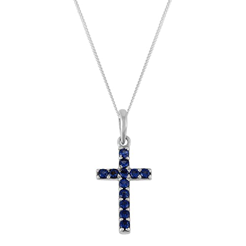 SILCASA Blauer Saphir natürlicher Edelstein September-Geburtsstein 925er Sterlingsilber Kreuz-Anhänger mit Kette für Damen Modeschmuck Geschenk 18'' von SILCASA
